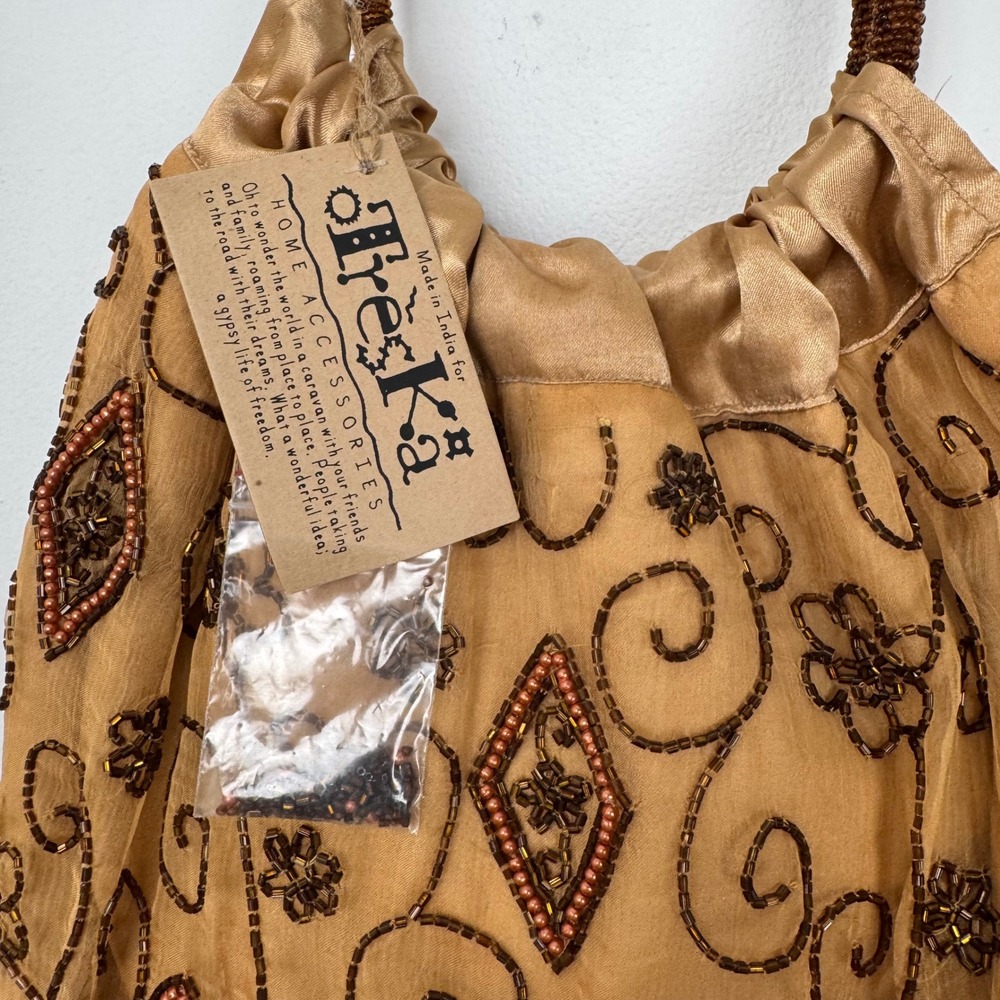 Treska Gold Beaded Silk Shoulder Bag Bohemian Floral Pouch Made in India NWT - Picture 2 of 10